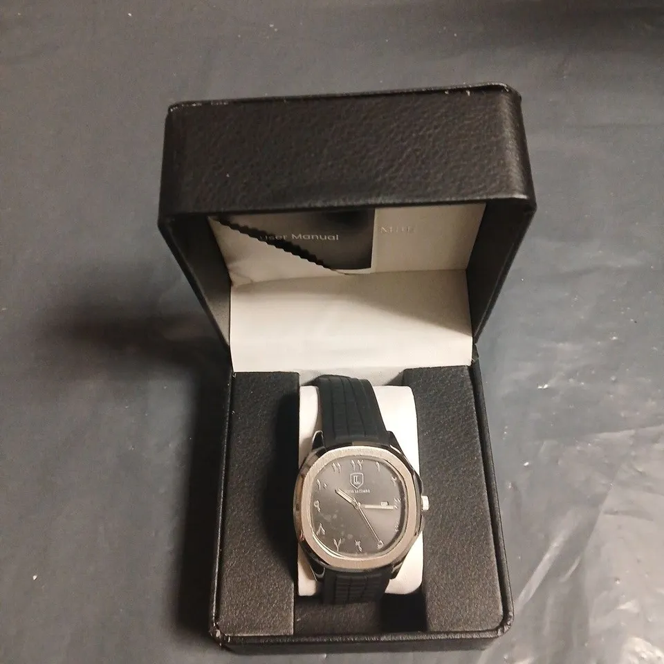 LOUIS LACOMBE WRISTWATCH – BLACK DIAL, SILVER CASE, BLACK RUBBER STRAP