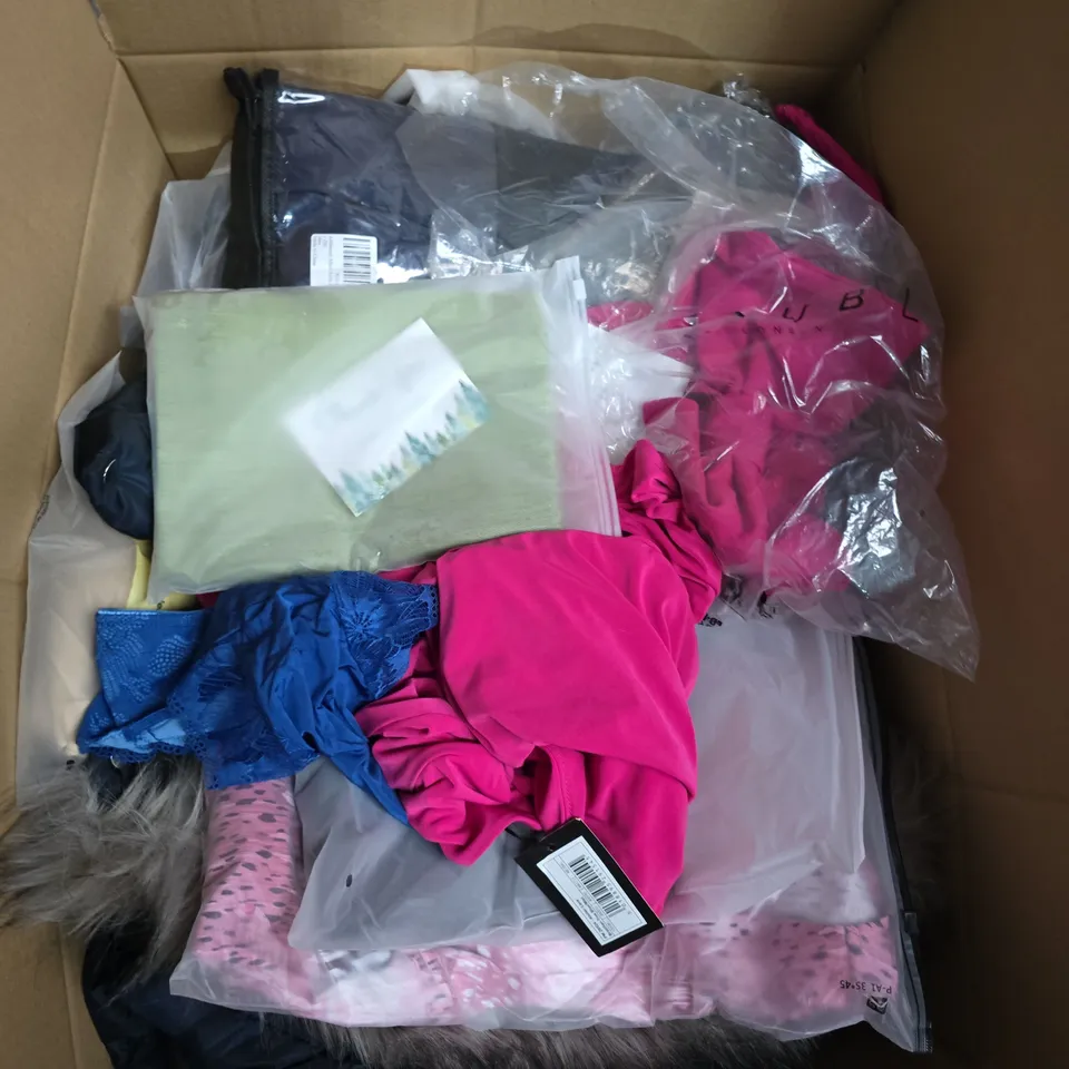 BOX OF APPROXIMATELY 20 ASSORTED CLOTHING ITEMS TO INCLUDE DRESS, TOPS, TROUSERS, ETC