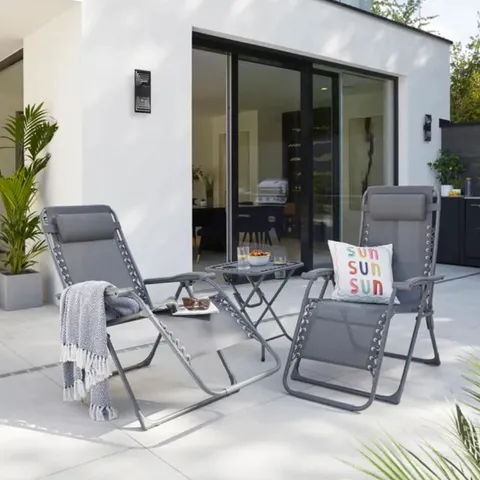 BOXED HELSINKI SET OF 2 RECLINING SUN LOUNGER CHAIRS WITH TABLE (1 BOX)