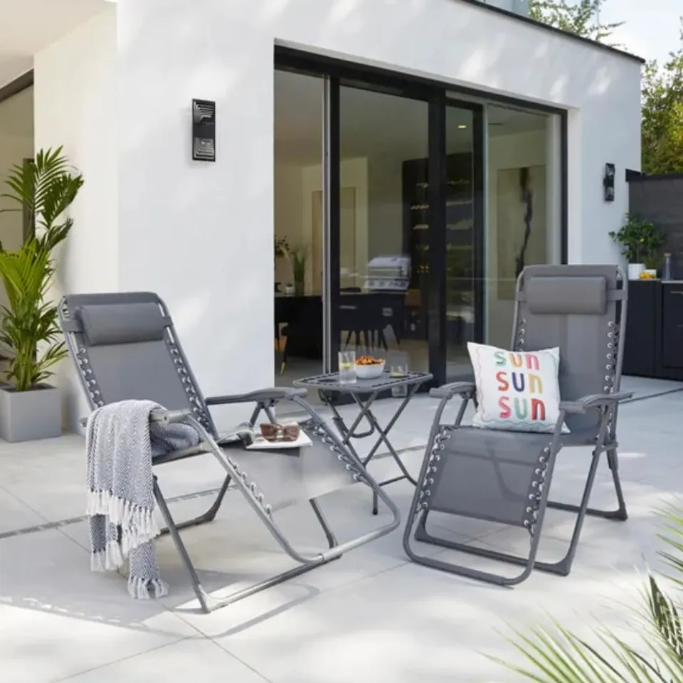 BOXED HELSINKI SET OF 2 RECLINING SUN LOUNGER CHAIRS WITH TABLE (1 BOX)