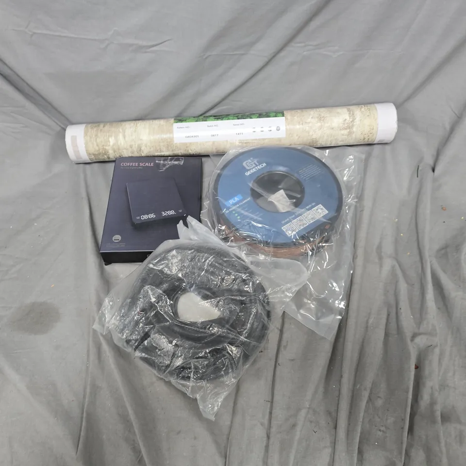 APPROXIMATELY 20 ASSORTED HOUSEHOLD PRODUCTS TO INCLUDE WALLPAPER, COFFEE SCALE, GEEETECH PRINTER FILAMENT, ETC - COLLECTION ONLY