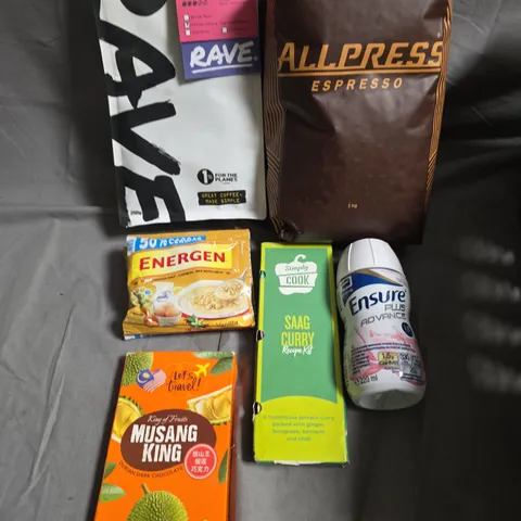 APPROXIMATELY 10 ASSORTED FOOD/DRINK PRODUCTS TO INCLUDE RAVE COFFEE, ENSURE DRINK, DAIRY MILK CHOCOLATE ETC 