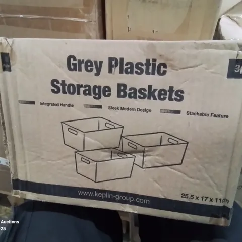 BOXED SET OF 3 GREY PLASTIC STORAGE BASKETS 