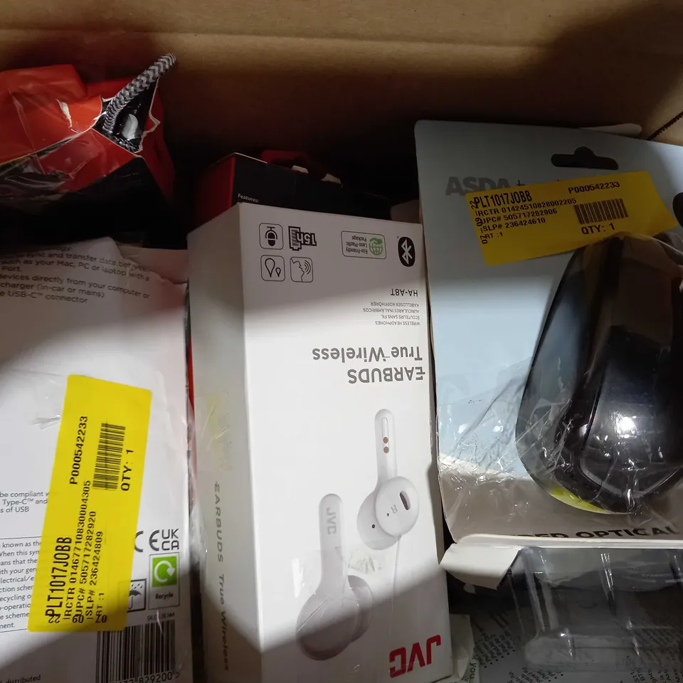 LOT OF APPROXIMATELY 20 ASSORTED HOUSEHOLD ITEMS TO INCLUDE ASDA TECH TRUE WIRELESS EARBUDS, MIXX ULTRAFIT WIRELESS HEADPHONES, BLACKWEB MICRO USB TO USB-A CABLE, ETC