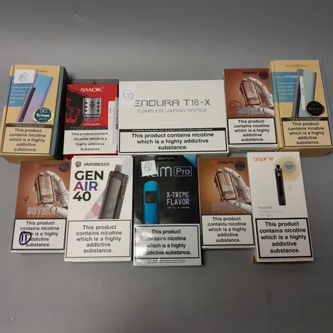 APPROXIMATELY 10 ASSORTED E-CIGS & VAPES TO INCLUDE ASPIRE POCKEX KIT, OXVA XLIMPRO, VAPORESSO GEN AIR 40, ETC