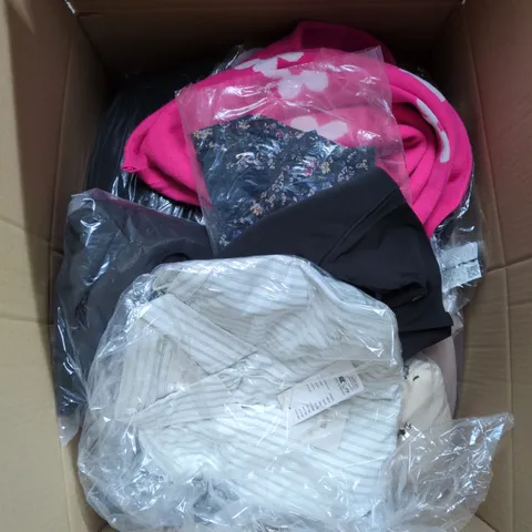 LARGE BOX OF APPROXIMATELY 25 ASSORTED CLOTHING ITEMS IN VARIOUS COLOURS, STYLES AND SIZES - COLLECTION ONLY
