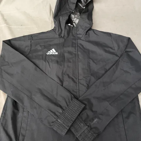 ADIDAS BLACK HOODED WINDBREAKER JACKET – 9/10 YEARS