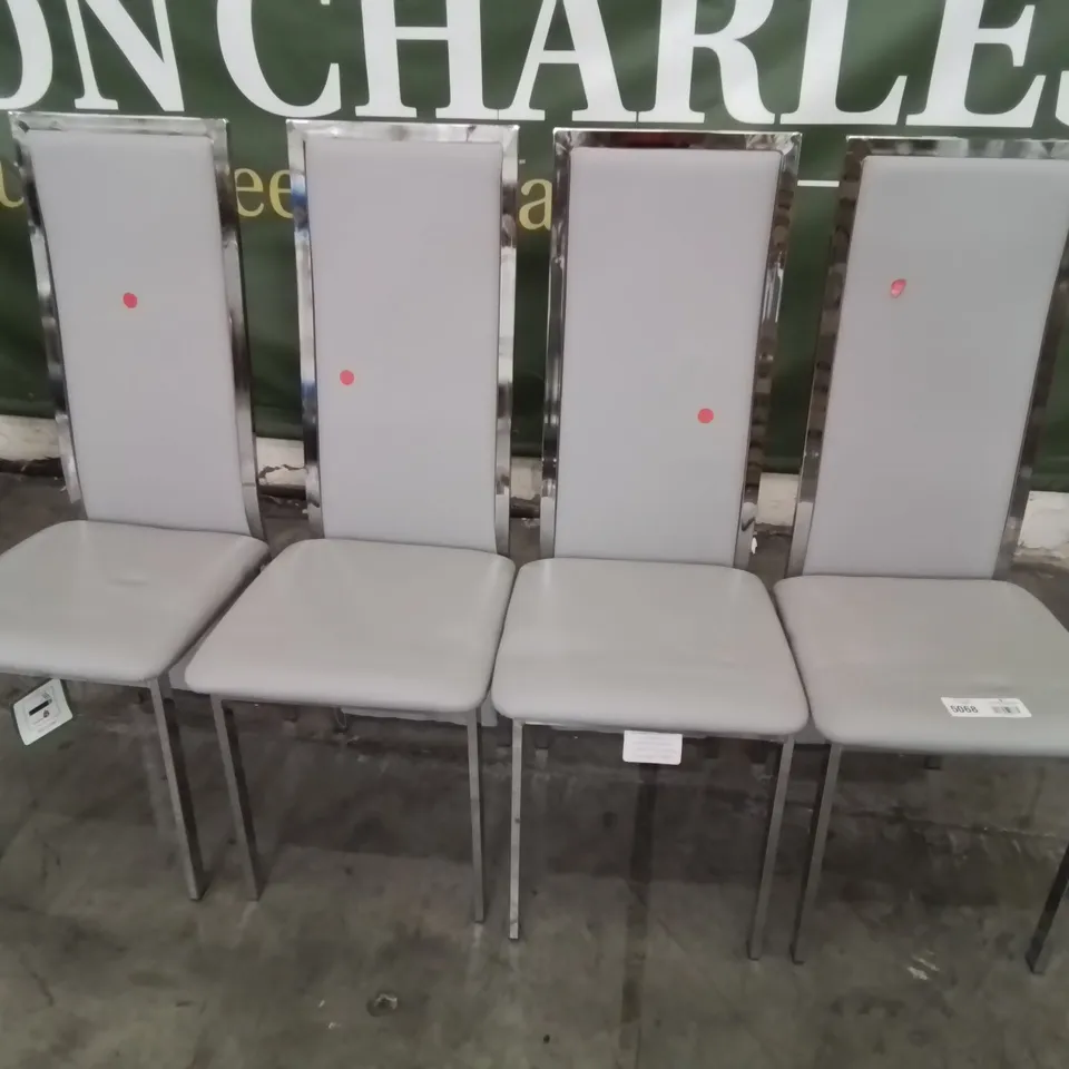 SET OF FOUR DESIGNER CELESTE LIGHT GREY LEATHER & CHROME DINING CHAIRS
