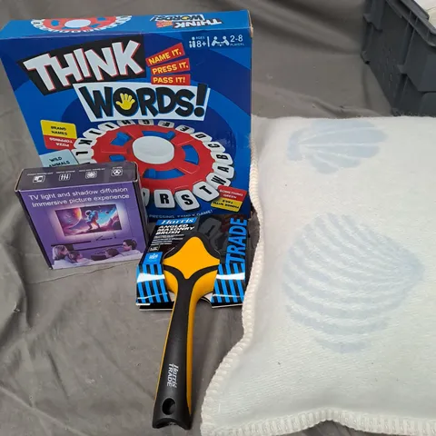 APPROXIMATELY 20 ASSORTED HOUSEHOLD PRODUCTS TO INCLUDE WORD GAME, CUSHION AND AN ANGLED MASONRY BRUSH