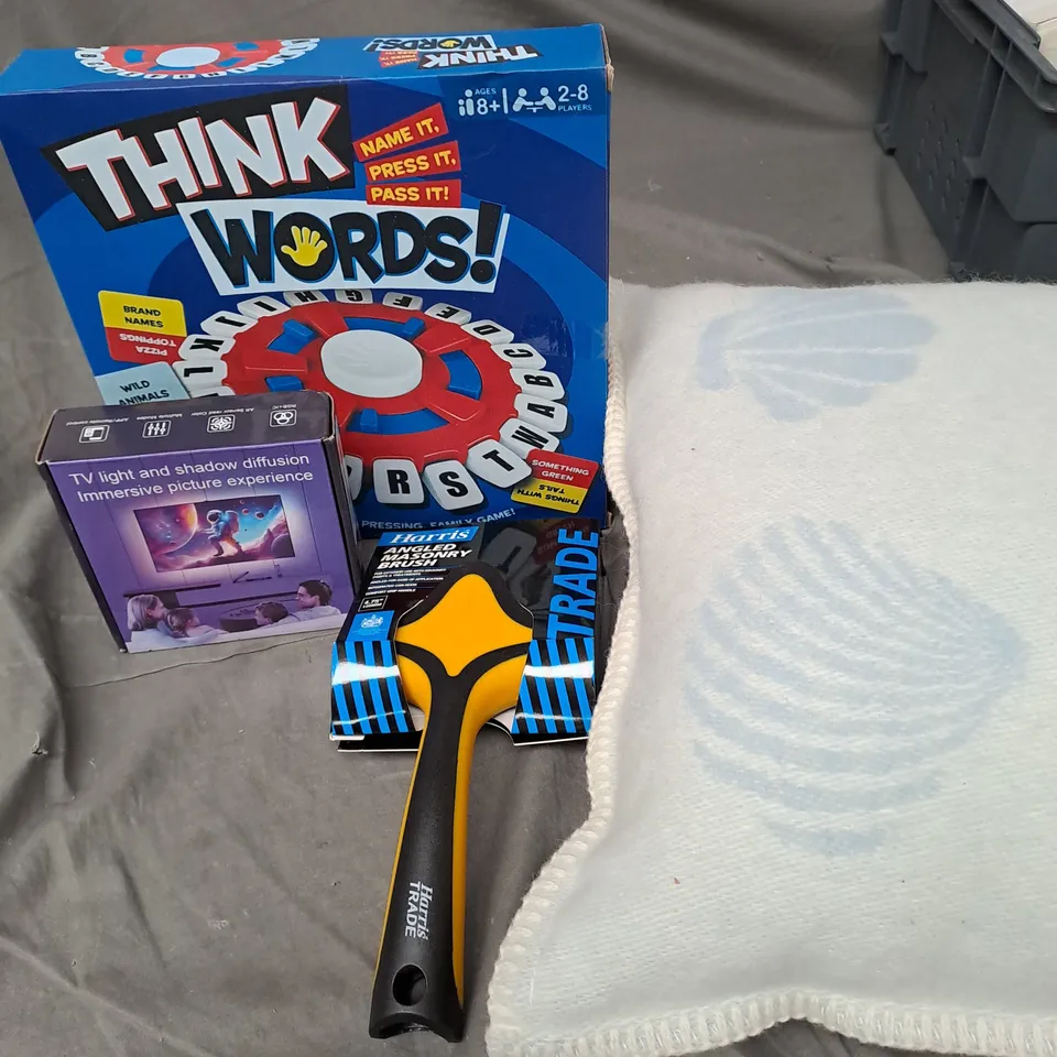 APPROXIMATELY 20 ASSORTED HOUSEHOLD PRODUCTS TO INCLUDE WORD GAME, CUSHION AND AN ANGLED MASONRY BRUSH
