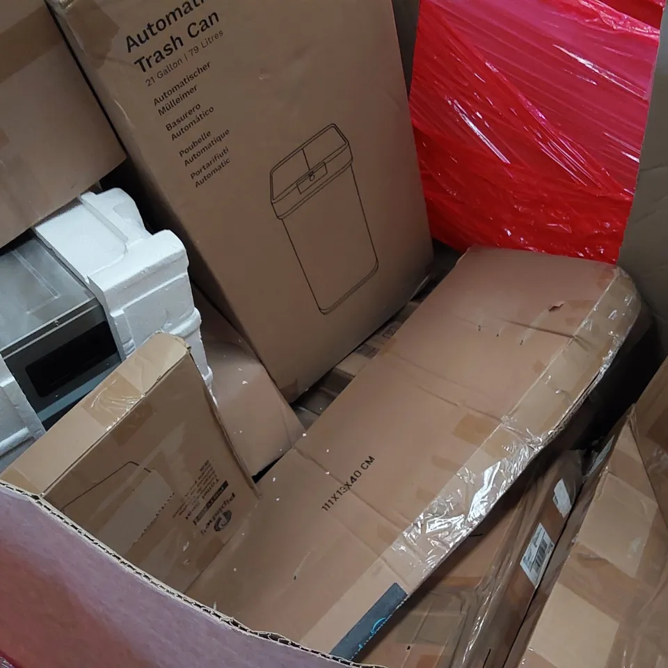 PALLET OF ASSORTED ITEMS INCLUDING: AIR FRYER, DESK CHAIR, FOLDING WAGON, BEDDING, TOILET SEAT