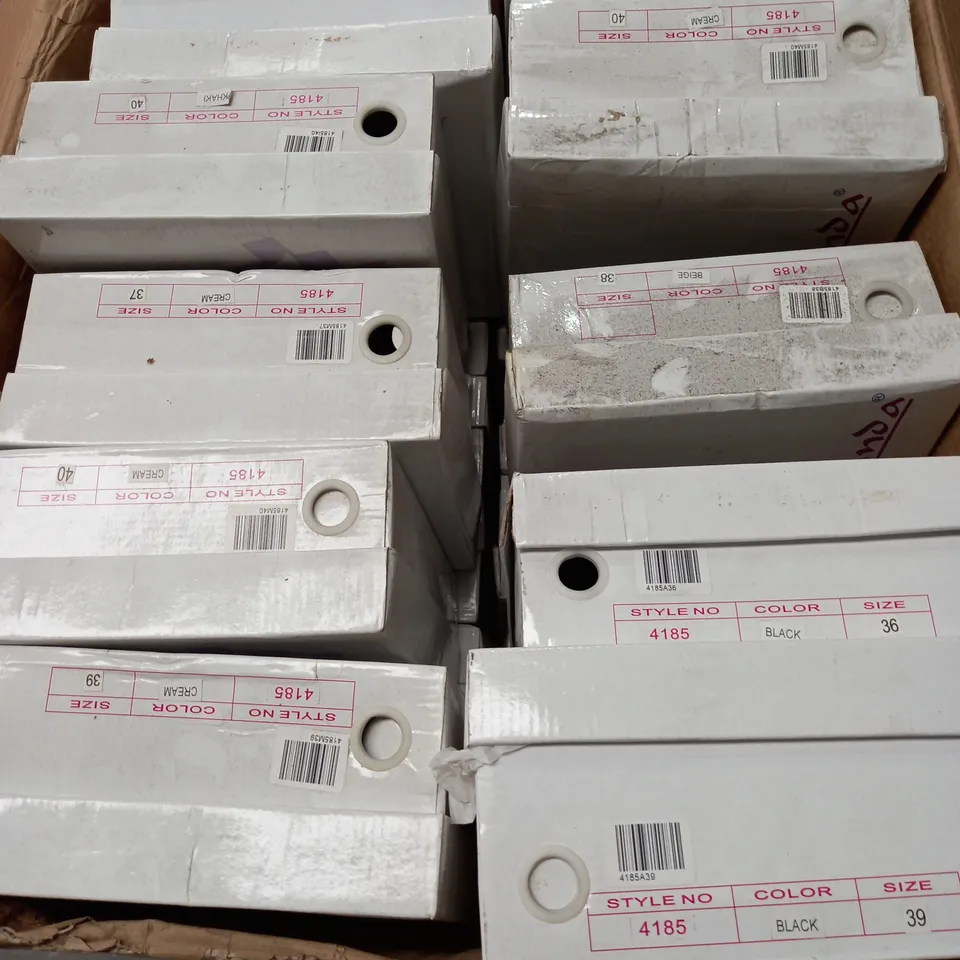 BOX OF APPROX 20 PAIRS OF OPEN TOE HEELS IN VARIOUS COLOURS TO INCLUDE BEIGE, CREAM AND BLACK - VARIOUS SIZES