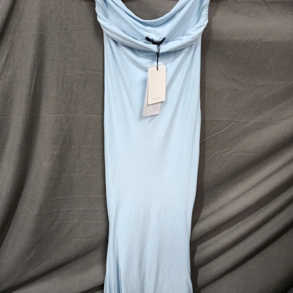 CLUB L LONDON LITA POWDER BLUE TWISTED ASYMMETRIC MAXI DRESS – UK 6
