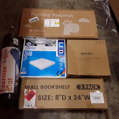 PALLET CONTAINING ASSORTED PRODUCTS INCLUDING WALL BOOKSHELF, PRE LIT GARLAND, LED CEILING LIGHT, EXERCISE MAT & FOLDING PLAYMAT