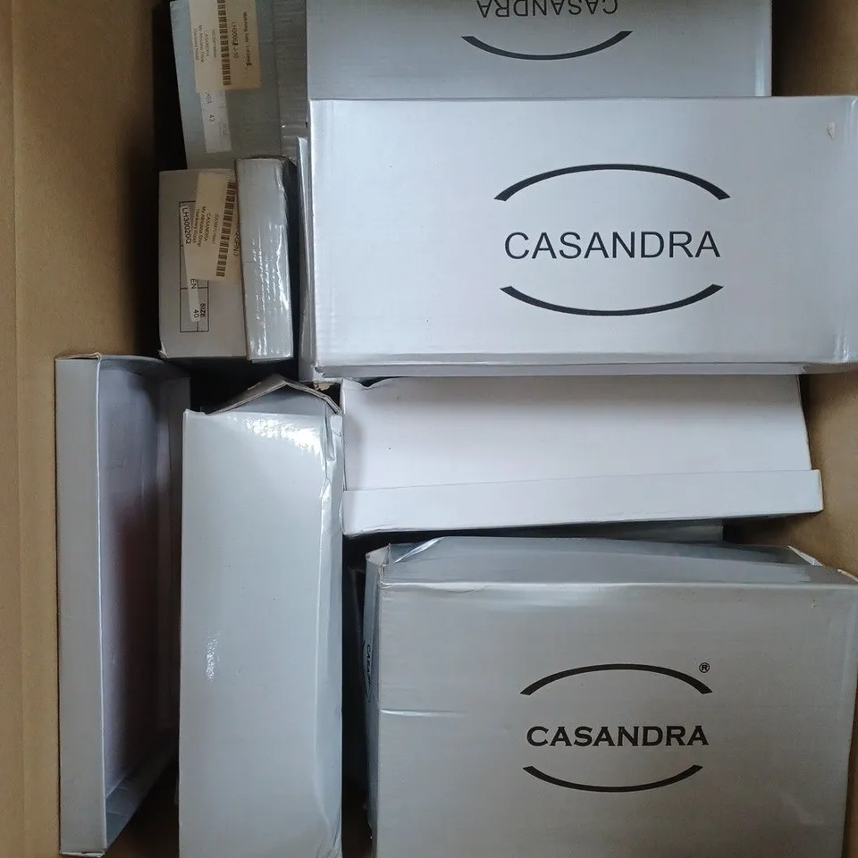 BOX OF APPROXIMATELY 15 PAIRS OF SHOES TO INCLUDE HIGH HEELS, FLAT SHOES, BLUE GEM HEELS ETC
