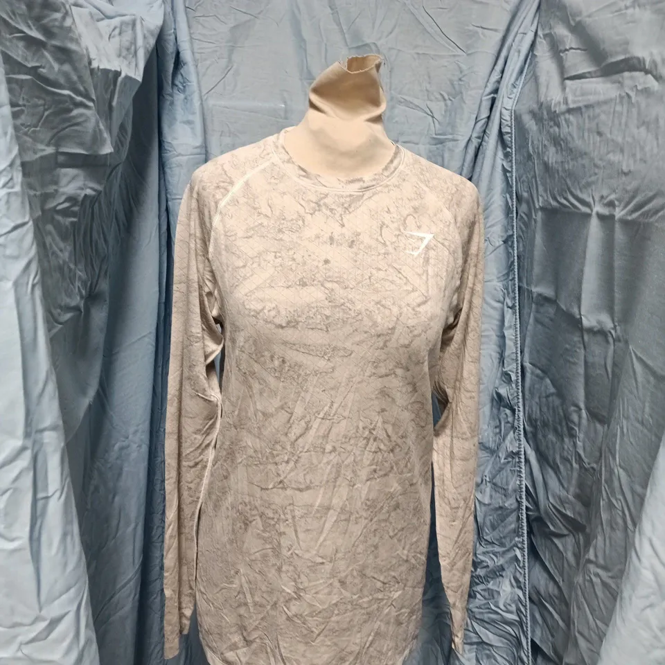 GYMSHARK LONG SLEEVE TOP – GREY MARBLE, SIZE S