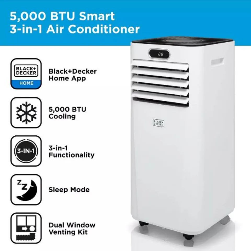 BOXED BLACK & DECKER 5000 BTU PORTABLE 3-IN-1 SMART AIR CONDITIONER, DEHUMIDIFIER, COOLING FAN WITH SLEEP MODE, WHITE, 560W, BXAC40023GB RRP £399