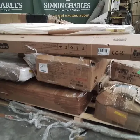 PALLET OF FLATPACKED FURNITURE PRODUCTS AND ITEMS TO INCLUDE;PARASOL,WARDROBE,SOFA