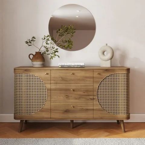 BOXED GFW SORREL 2 DOOR 3 DRAWER OAK RATTAN LARGE SIDEBOARD (3 BOXES)