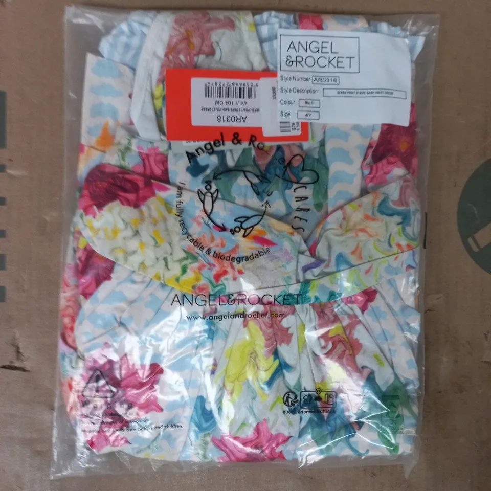 BAGGED ANGEL & ROCKET SEREN PRINT STRIPE SASH WAIST DRESS IN MULTI SIZE 4 YEARS