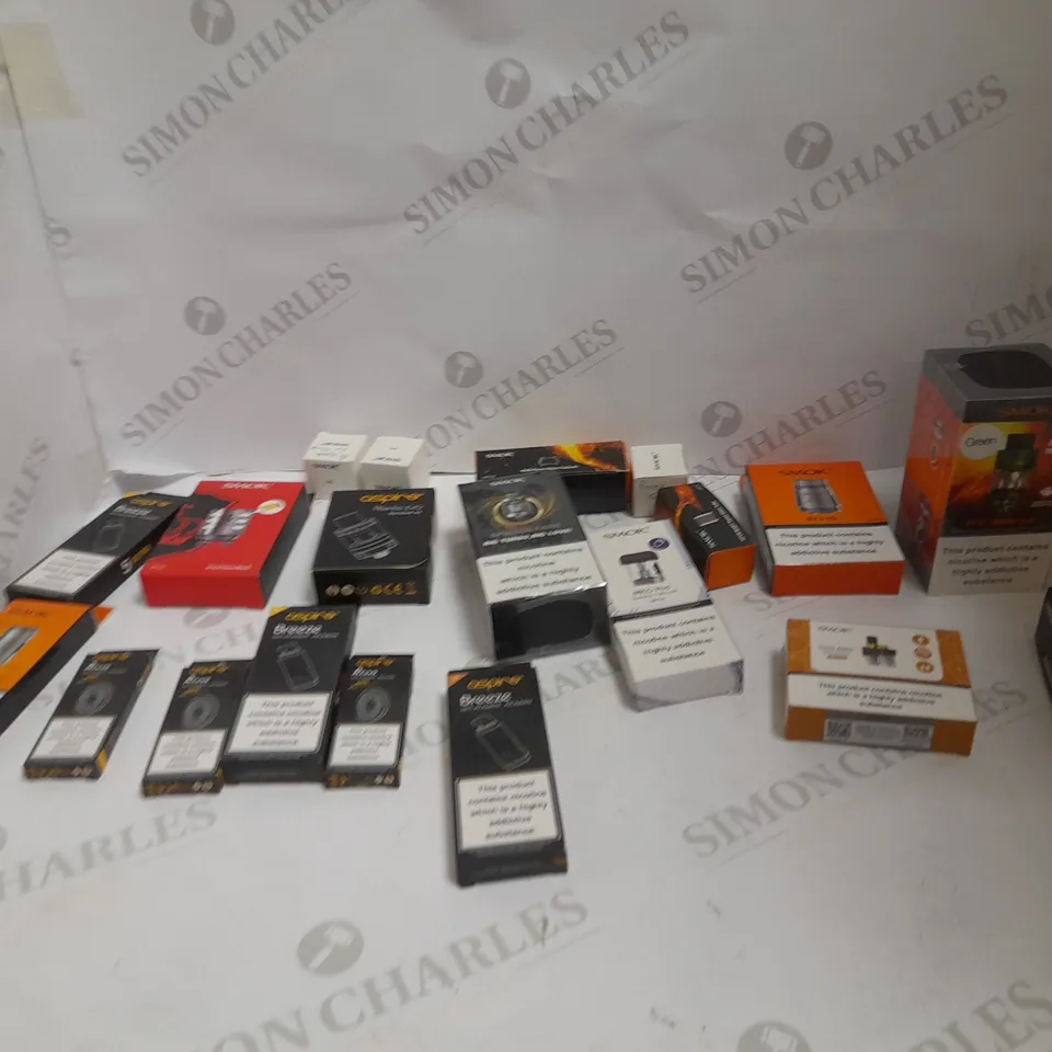 LOT OF APPROXIMATELY 10 E-CIGARETTE RELATED ITEMS TO INCLUDE SMOK V12 PRINCE X6. TESLACIGS BITURBOMECH, AND VAPOR STORM PUMA BABY MOD ETC.