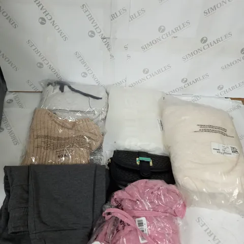 LARGE BOX OF ASSORTED CLOTHING ITEMS IN VARIOUS COLOURS AND SIZES INCLUDING TROUSERS , TOPS AND JUMPERS