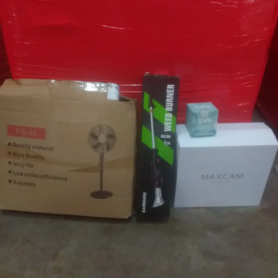 PALLET OF ASSORTED ITEMS INCLUDING FREESTANDING FAN, WEED BURNERS, STORAGE CASE, HYDRATING HAIR MASK