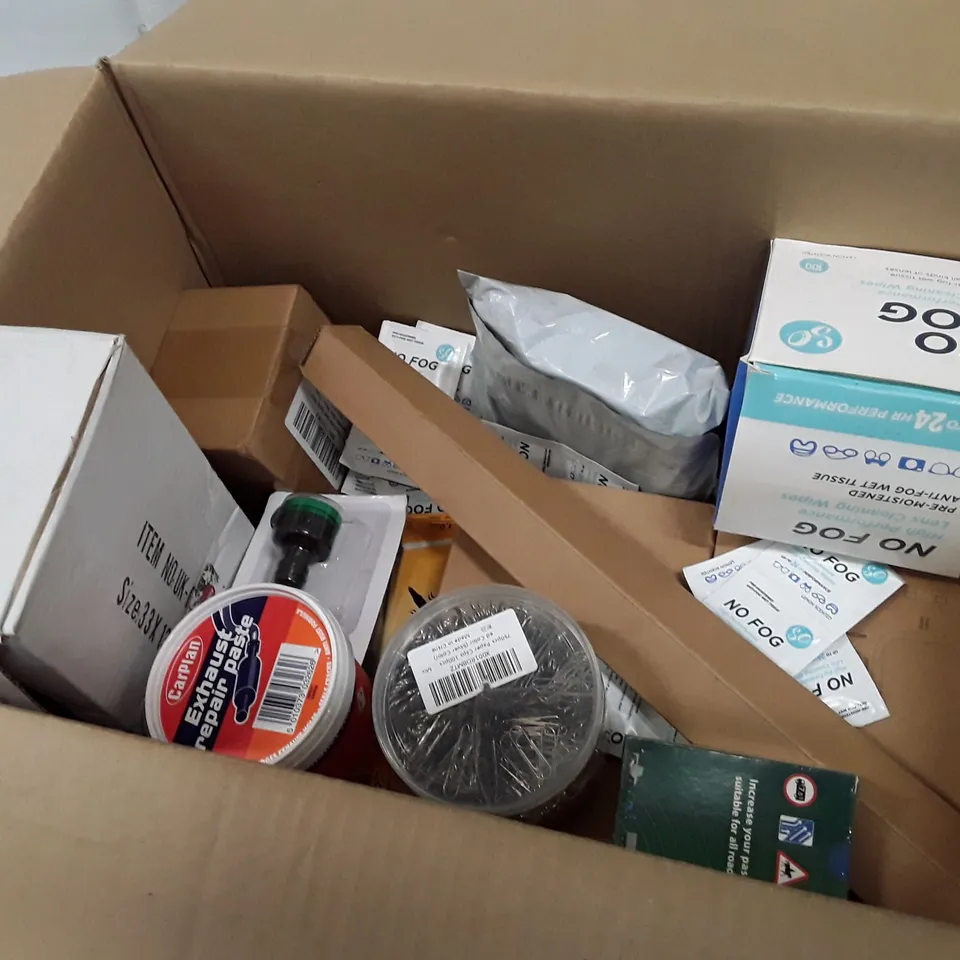 BOX CONTAINING ASSORTED ITEMS INCLUDING PAPER CLIPS, EXHAUST REPAIR PASTE, TRAFFIC SIGN FLASH CARDS, TAP CONNECTOR, BIG 15 RETRACTABLE BALL PENS, ANTI-FOG WET TISSUES