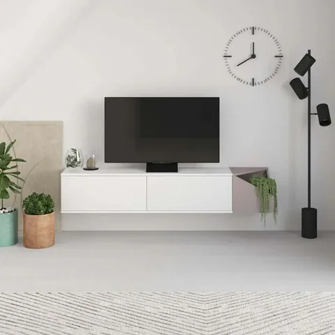 BOXED AULOS MODERN FLOATING TV STAND MULTIMEDIA CENTRE WITH STORAGE - WHITE/LIGHT MOCHA (2 BOXES)