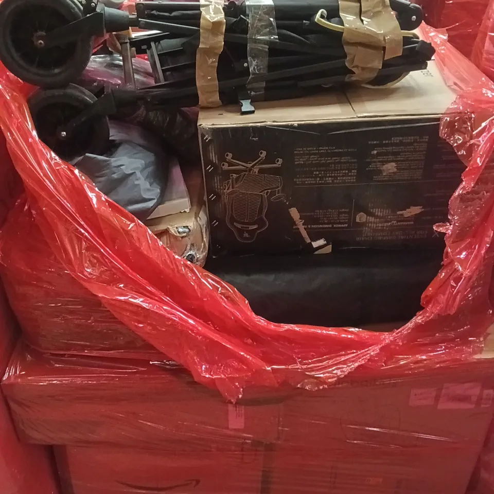 PALLET OF ASSORTED HOUSEHOLD GOODS AND PRODUCTS TO INCLUDE; BUGGY, GAMING CHAIR, BABY CAR SEAT, BOXED FURNITURE ETC
