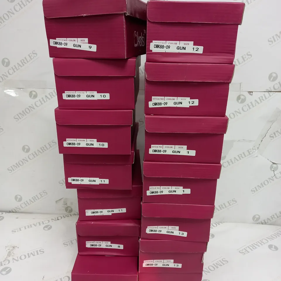 APPROXIMATELY 14 BOXED PAIR OF KELSI KIDS BUTTERFLY EMBROIDERED LOAFERS IN GUN TO INCLUDE SIZES 1, 8, 9, 10, 11, 12, 13