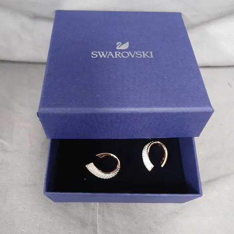 SWAROVSKI CRYSTAL HOOP EARRINGS – ROSE GOLD TONE, IN BLUE SWAROVSKI BOX