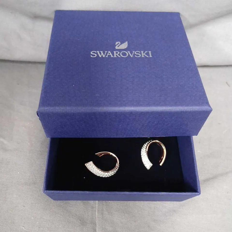 SWAROVSKI CRYSTAL HOOP EARRINGS – ROSE GOLD TONE, IN BLUE SWAROVSKI BOX