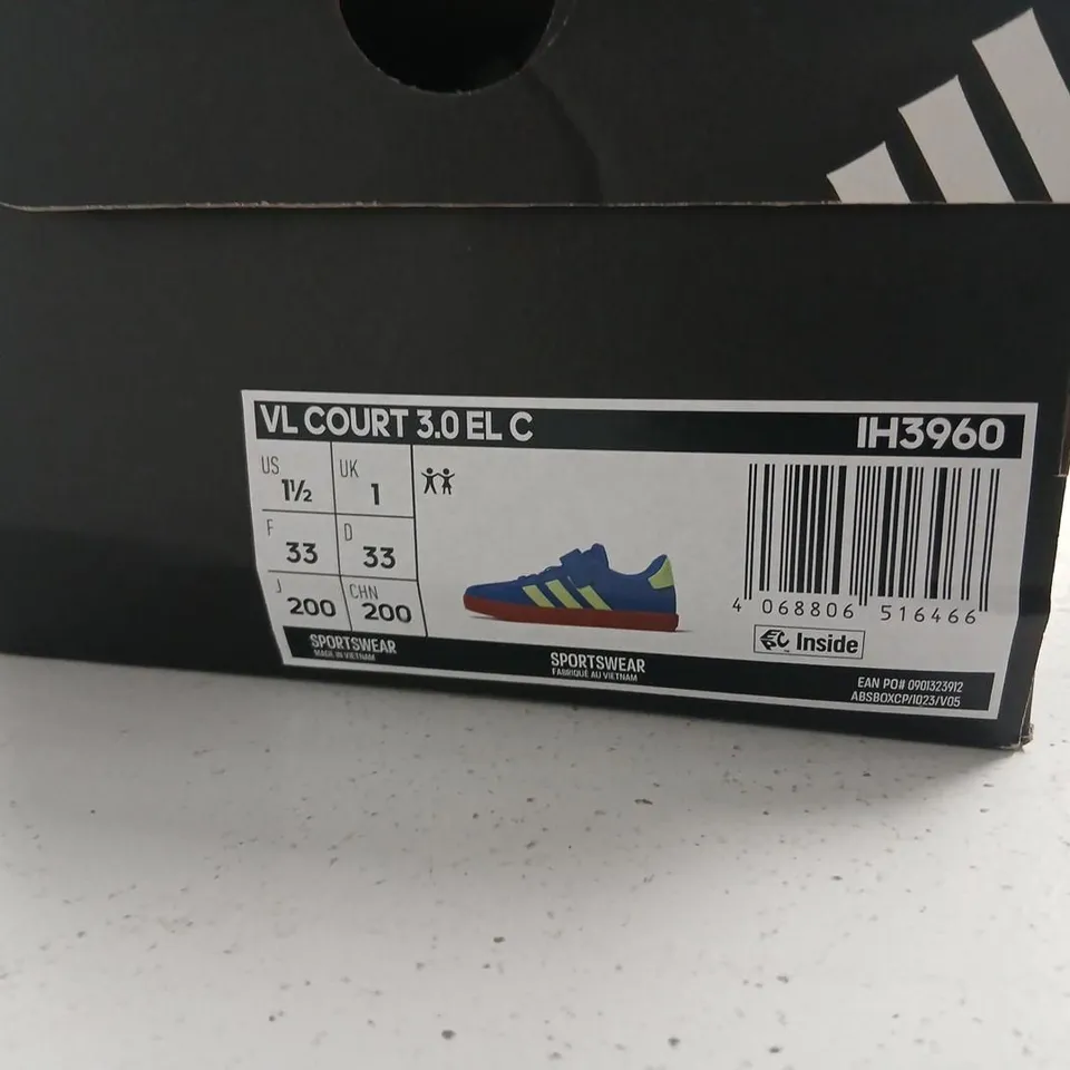 ADIDAS VL COURT 3.0 EL C KIDS' SNEAKERS – BLUE WITH NEON YELLOW STRIPES, GUM SOLE (UK 1)