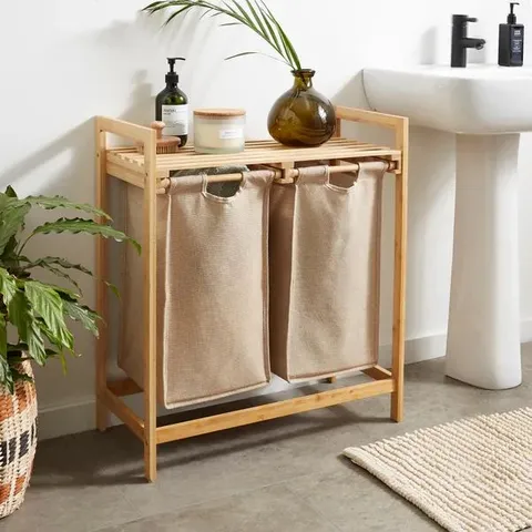 BOXED LIGHTS AND DARKS BAMBOO DOUBLE LAUNDRY HAMPER - NATURAL (1 BOX)