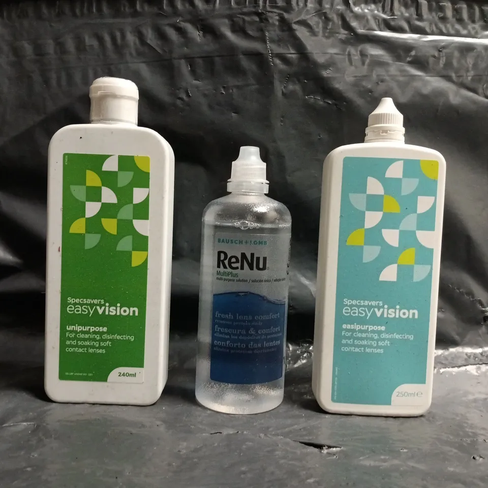 APPROXIMATELY 20 ASSORTED ITEMS TO INCLUDE EASYVISION CONTACT LENSE CLEANER, RENU CONTACT LENSE CLEANER, ETC