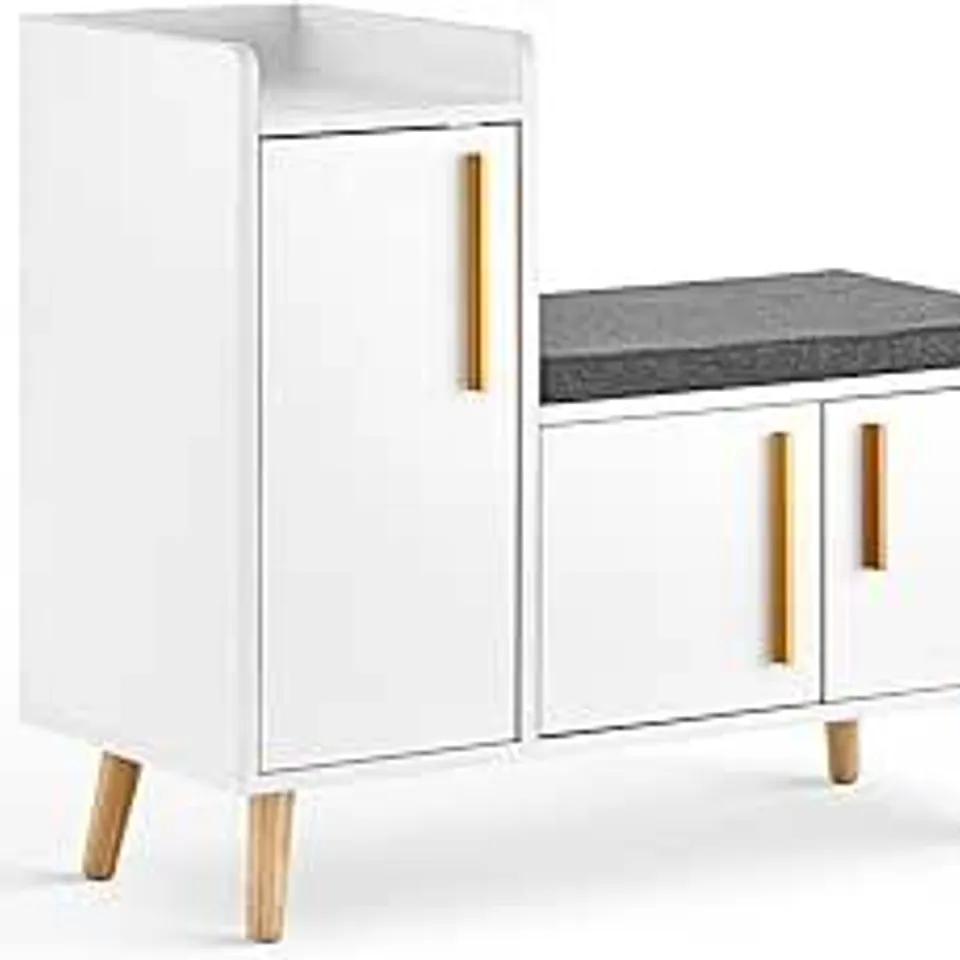 BOXED SHOE STORAGE BENCH WITH SEAT CUSHION, WHITE SHOE BENCH WITH 2 DOORS STORAGE CABINET ADJUSTABLE SHELF PADDED SEAT STORAGE BENCH FOR ENTRYWAY HALLWAY