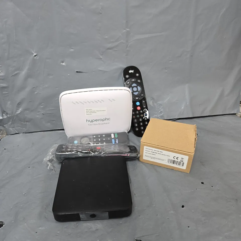 APPROXIMATELY 12 ASSORTED HOUSEHOLD ITEMS TO INCLUDE SMART HUB CABLE, HYPERTROPHIC ROUTER, REMOTES, ETC