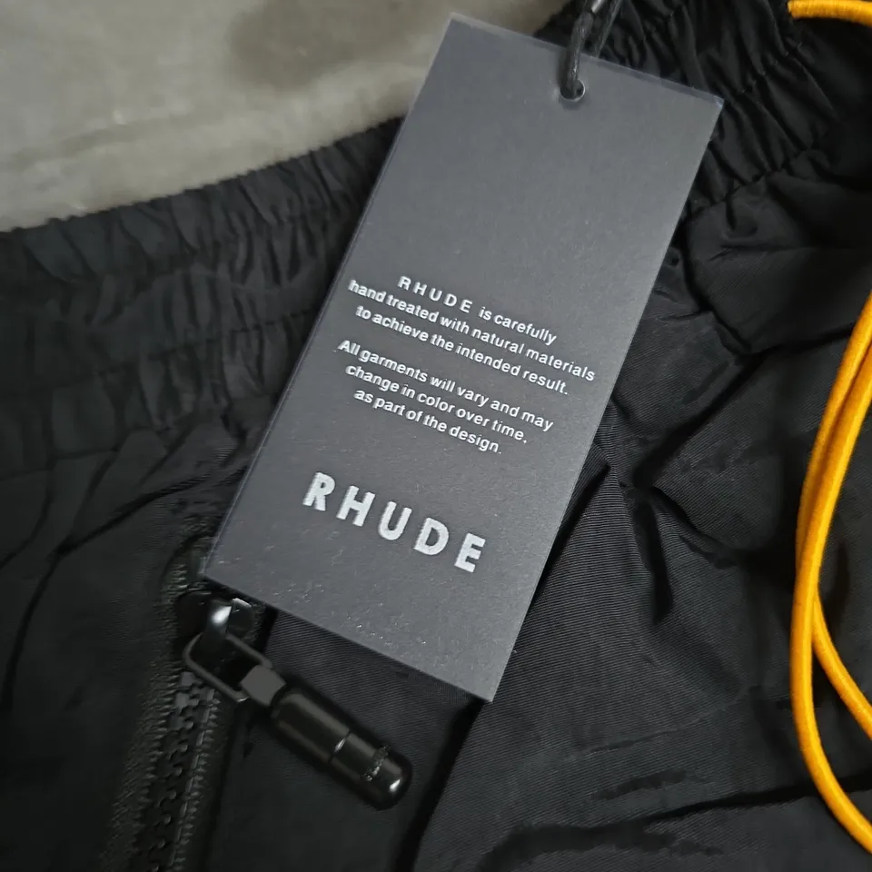 RHUDE BLACK DRAWSTRING SHORTS – NEON YELLOW LACES, MEN’S SIZE M