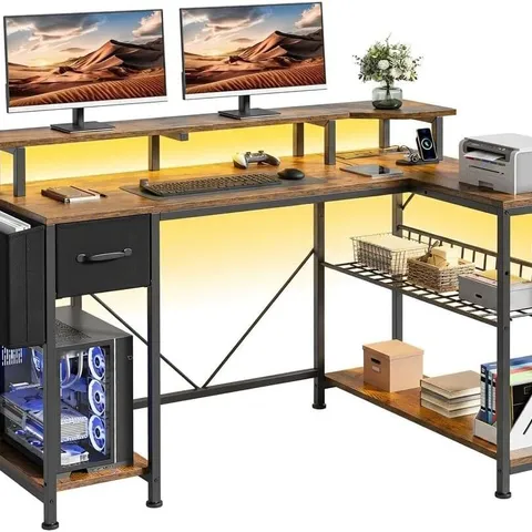 BOXED YITAHOME COMPUTER DESK WITH POWER OUTLET LED LIGHT 137CM VINTAGE BROWN