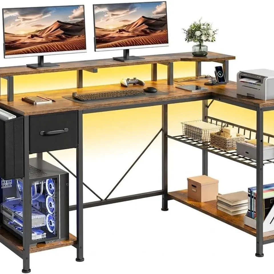 BOXED YITAHOME COMPUTER DESK WITH POWER OUTLET LED LIGHT 137CM VINTAGE BROWN