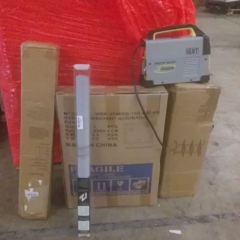 PALLET OF ASSORTED ITEMS INCLUDING CHAIR MAT FOR CARPET, 3 TIER STORAGE CART, INVERTER WELDER, ROLLER BLINDS