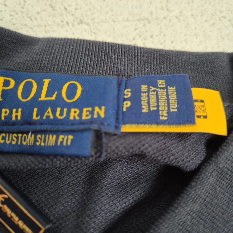 POLO RALPH LAUREN POLO SHIRT – NAVY WITH YELLOW SLEEVES, CUSTOM SLIM FIT, UK S (BACK '3' DESIGN)