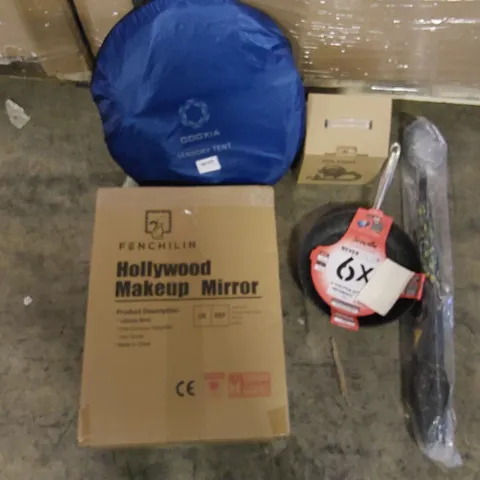 PALLET OF ASSORTED ITEMS INCLUDING: POP UP TENT, AIR COMPRESSOR, UMBRELLA, NON STICK FRYING PAN, MAKE UP MIRROR