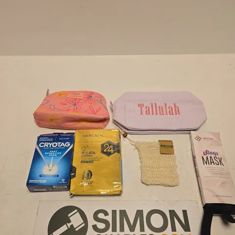 TOTE OF APPROXIMATELY 10 ASSORTED BEAUTY PRODUCTS INCLUDING TALLULAH MAKEUP BAG, KLORANE POUCH AND BEDTIME BLISS SLEEP MASK