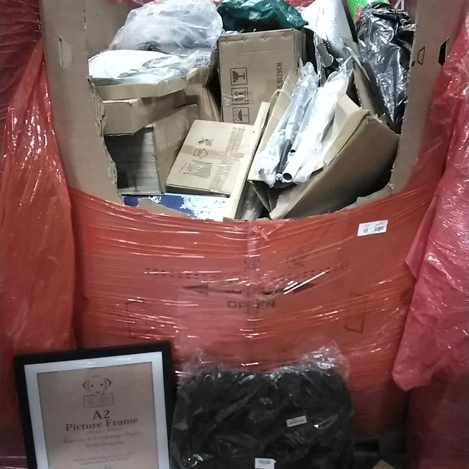 PALLET OF ASSORTED ITEMS TO INCLUDE: HUGH BUTLER SUIT COVER, A2 PICTURE FRAME, LED CEILING LIGHT, PTC CERAMIC HEATER ETC