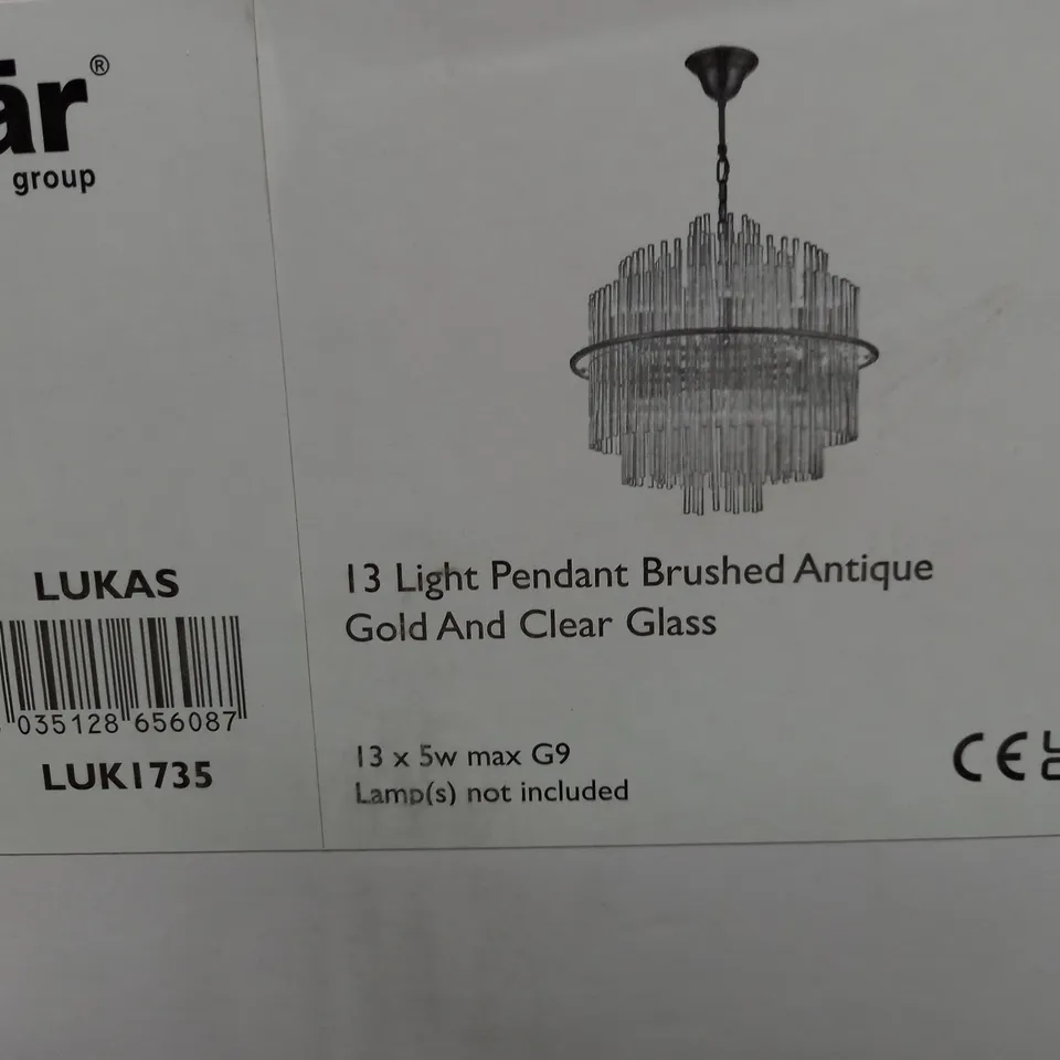 BOXED DÄR LUKAS HANGING CEILING LIGHT PENDANT BRUSHED ANTIQUE GOLD & CLEAR GLASS