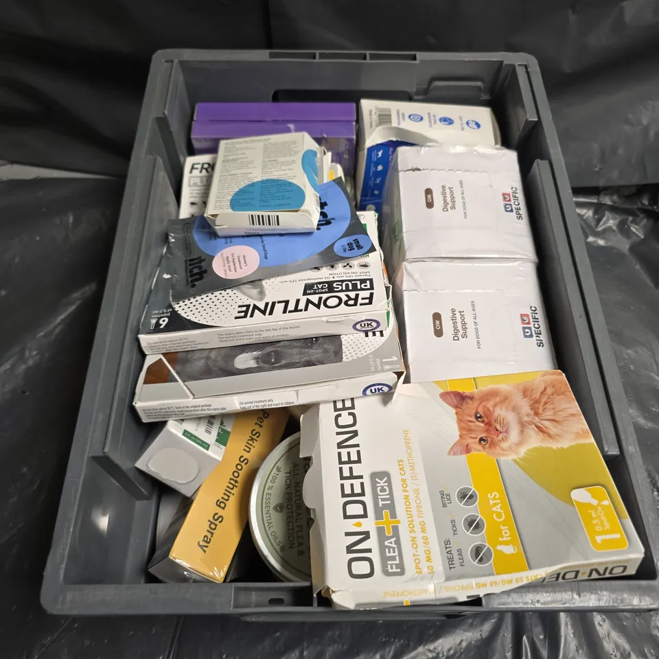 TOTE OF 10 ASSORTED PET SUPPLIES TOO INCLUDE TICK SOLUTION , DOG CALMING PHEROMONE , ETC 