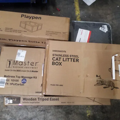 PALLET CONTAINING ASSORTED PRODUCTS INCLUDING PLAYPEN, WEIGHTED BLANKET, CAT LITTER BOX, MATTRESS TOP MASSAGE KIT & WOODEN TRIPOD EASEL