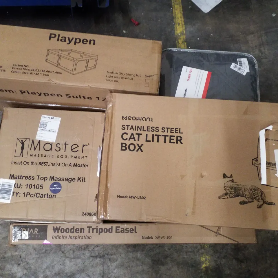 PALLET CONTAINING ASSORTED PRODUCTS INCLUDING PLAYPEN, WEIGHTED BLANKET, CAT LITTER BOX, MATTRESS TOP MASSAGE KIT & WOODEN TRIPOD EASEL